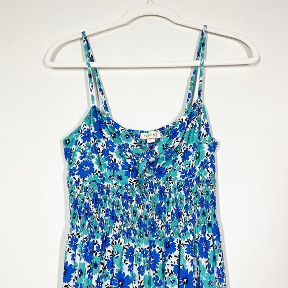 Yumi Kim Tiered Floral Blue Smocked‎ Sleeveless Dress Sz S Cottage Boho Peasant - Picture 3 of 11